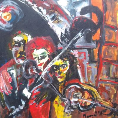 Famille et chat au clair de lune